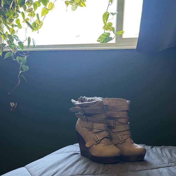 Not Rated Women's Tan Heeled Boots with Buckles - Picture 1 of 3